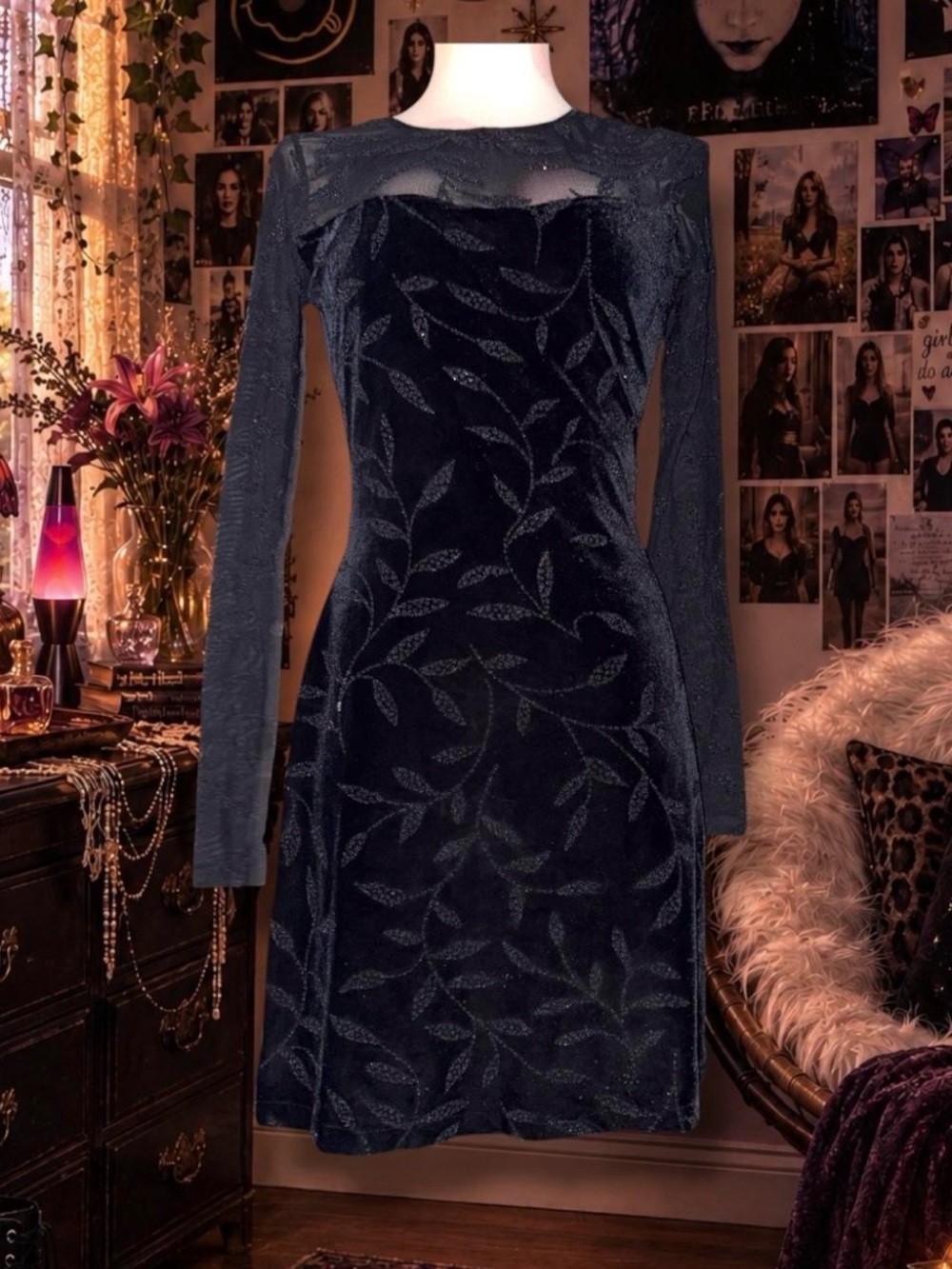 Alexia Admor Vintage 90s - 2000s black velvet mesh sleeve mini dress š¤š